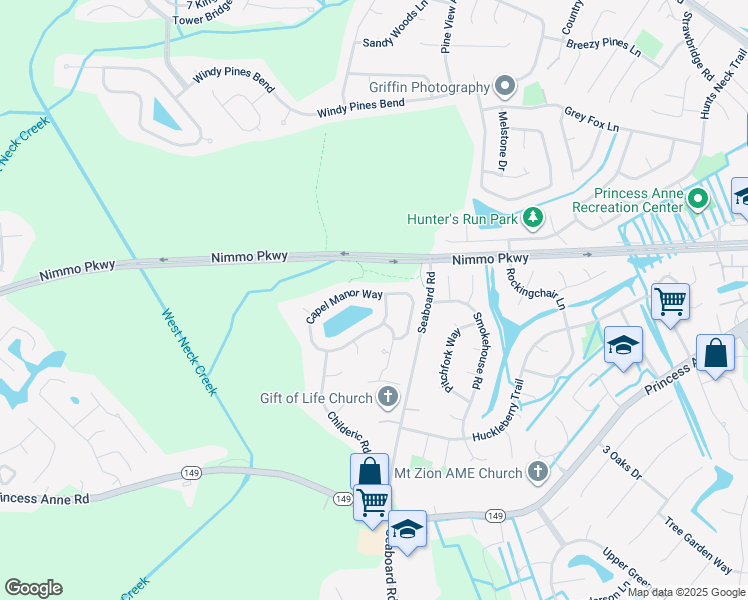 map of restaurants, bars, coffee shops, grocery stores, and more near 1809 Capel Manor Way in Virginia Beach