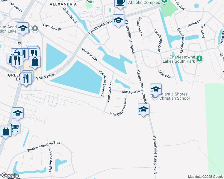map of restaurants, bars, coffee shops, grocery stores, and more near 1501 Birch Leaf Road in Chesapeake
