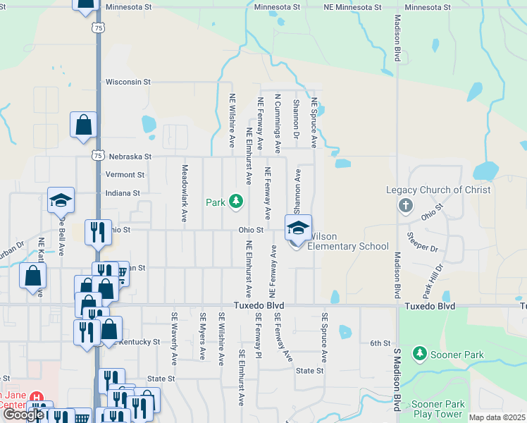 map of restaurants, bars, coffee shops, grocery stores, and more near 321 Northeast Fenway Avenue in Bartlesville