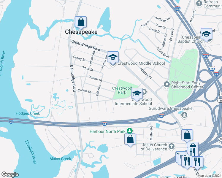 map of restaurants, bars, coffee shops, grocery stores, and more near 318 Dunn Street in Chesapeake