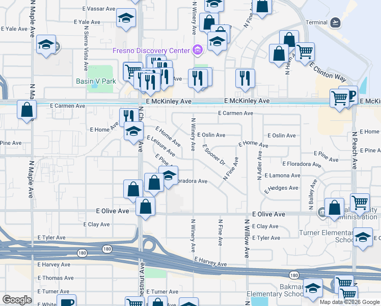 map of restaurants, bars, coffee shops, grocery stores, and more near 1436 North Winery Avenue in Fresno
