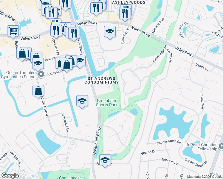 map of restaurants, bars, coffee shops, grocery stores, and more near 1008 Saint Andrews Way in Chesapeake