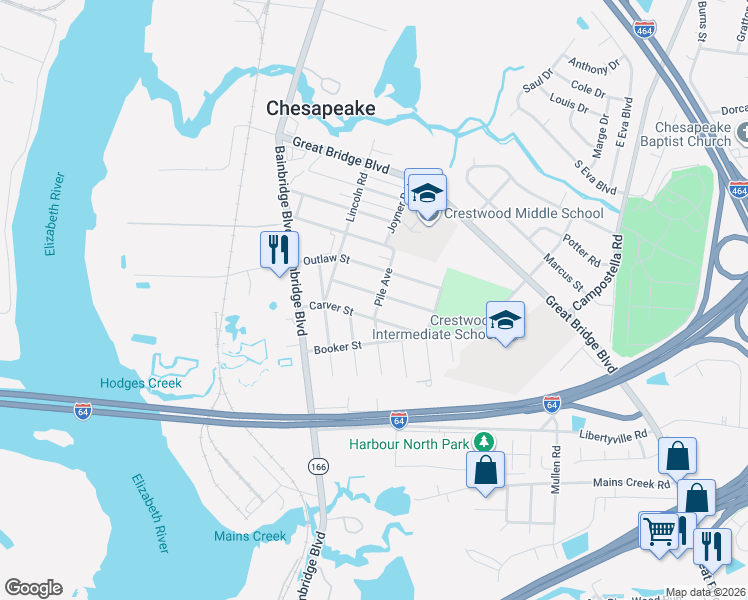 map of restaurants, bars, coffee shops, grocery stores, and more near 216 Dunn Street in Chesapeake