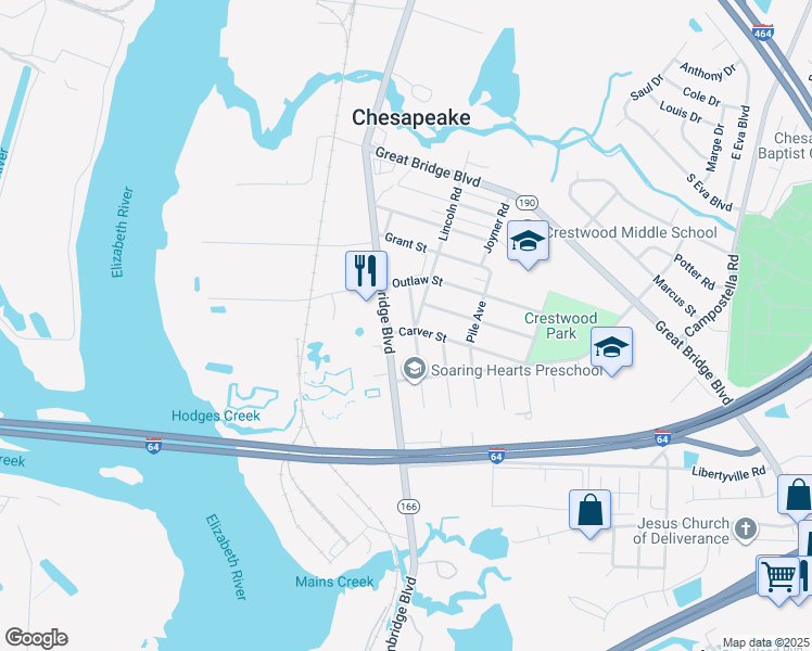 map of restaurants, bars, coffee shops, grocery stores, and more near 106 Carver Street in Chesapeake