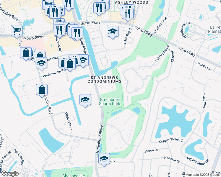 map of restaurants, bars, coffee shops, grocery stores, and more near 1000 Saint Andrews Way in Chesapeake