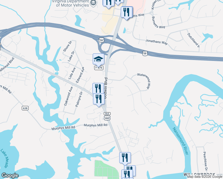map of restaurants, bars, coffee shops, grocery stores, and more near 204 Dykes Park Lane in Suffolk
