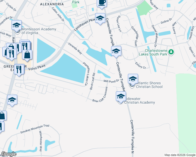 map of restaurants, bars, coffee shops, grocery stores, and more near 1509 Mill Pond Arch Road in Chesapeake