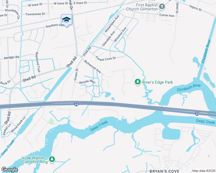 map of restaurants, bars, coffee shops, grocery stores, and more near 1316 Pinecroft Lane in Chesapeake