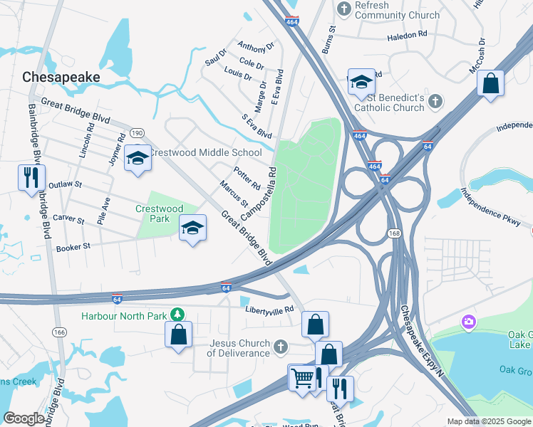 map of restaurants, bars, coffee shops, grocery stores, and more near 1028 Shelley Street in Chesapeake
