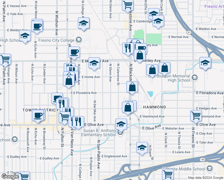 map of restaurants, bars, coffee shops, grocery stores, and more near 1418 North Glenn Avenue in Fresno