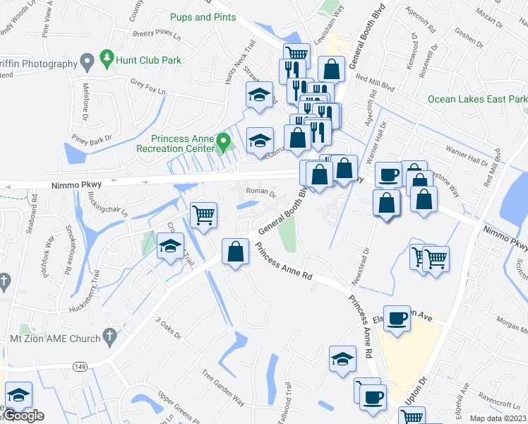 map of restaurants, bars, coffee shops, grocery stores, and more near Tuscany Drive in Virginia Beach