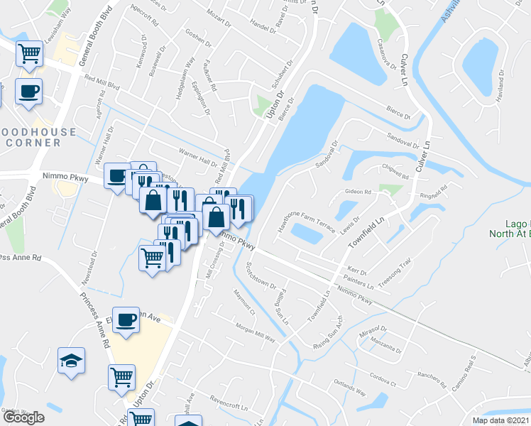 map of restaurants, bars, coffee shops, grocery stores, and more near 1048 Sandoval Drive in Virginia Beach