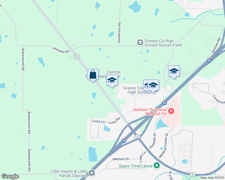 map of restaurants, bars, coffee shops, grocery stores, and more near 2262 Kentucky 121 in Mayfield