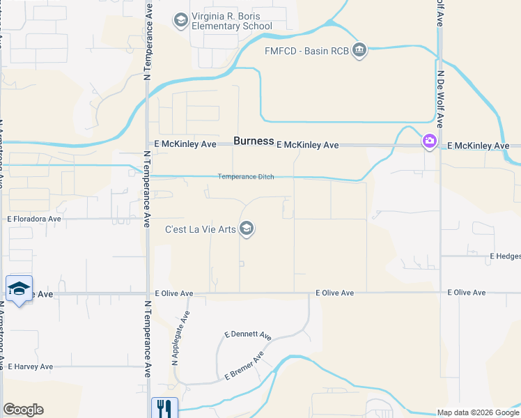 map of restaurants, bars, coffee shops, grocery stores, and more near 7419 East Pine Avenue in Fresno