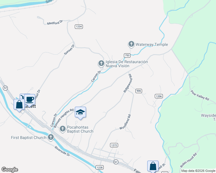 map of restaurants, bars, coffee shops, grocery stores, and more near 619-1983 Bassett Heights Rd in Bassett