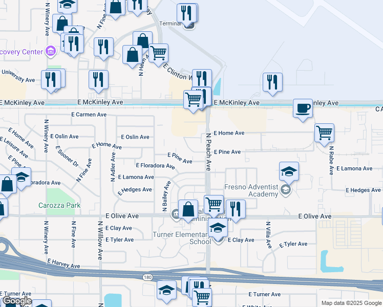 map of restaurants, bars, coffee shops, grocery stores, and more near 1451 North Peach Avenue in Fresno
