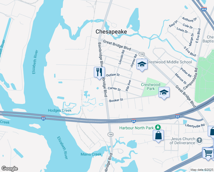map of restaurants, bars, coffee shops, grocery stores, and more near 4817 Bainbridge Boulevard in Chesapeake