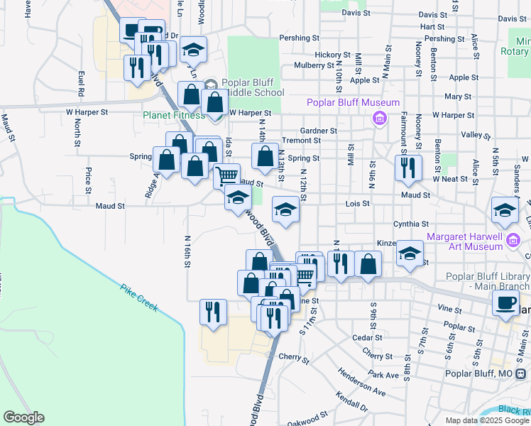 map of restaurants, bars, coffee shops, grocery stores, and more near 550 North Westwood Boulevard in Poplar Bluff