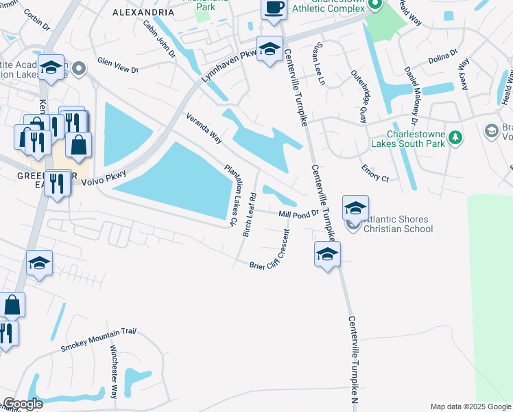 map of restaurants, bars, coffee shops, grocery stores, and more near 1501 Birch Leaf Road in Chesapeake