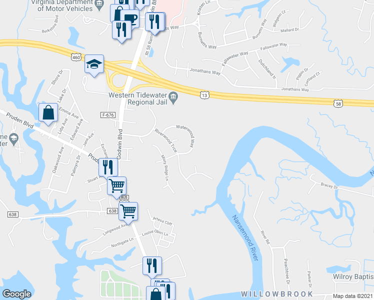 map of restaurants, bars, coffee shops, grocery stores, and more near 222 Waterwood Way in Suffolk