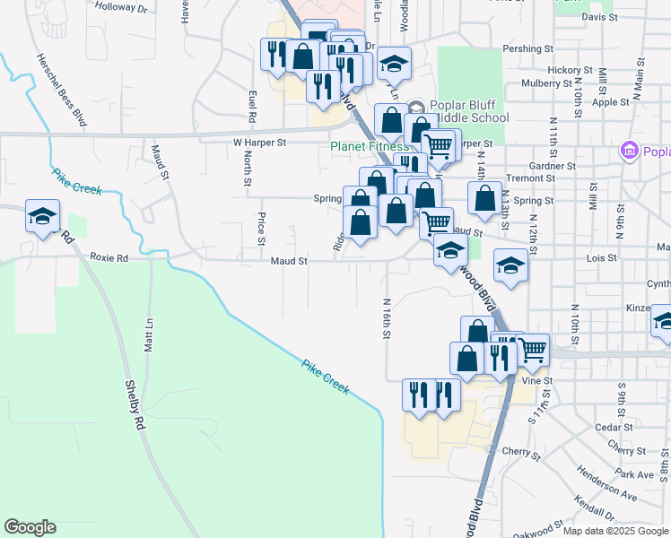 map of restaurants, bars, coffee shops, grocery stores, and more near 2050 West Maud Street in Poplar Bluff