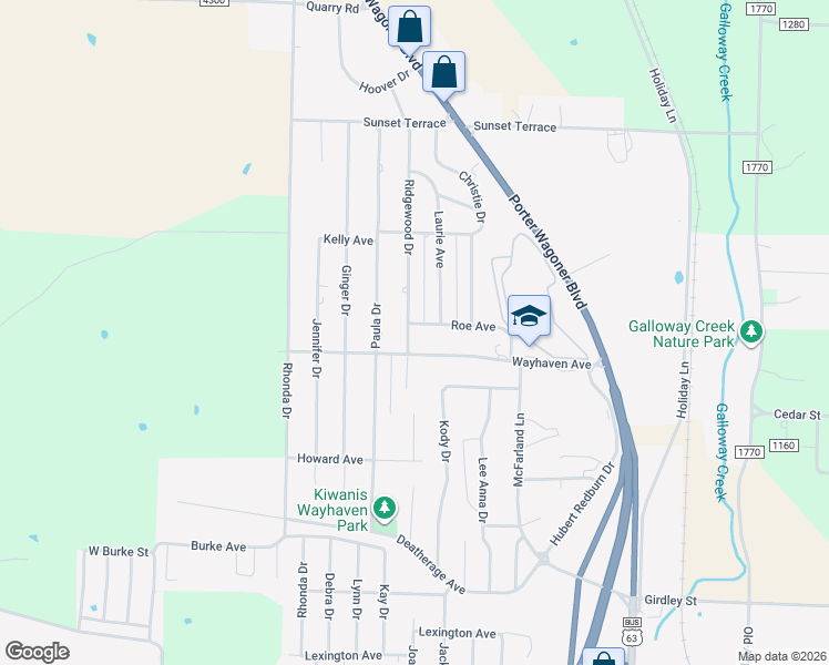 map of restaurants, bars, coffee shops, grocery stores, and more near 2014 Roe Avenue in West Plains
