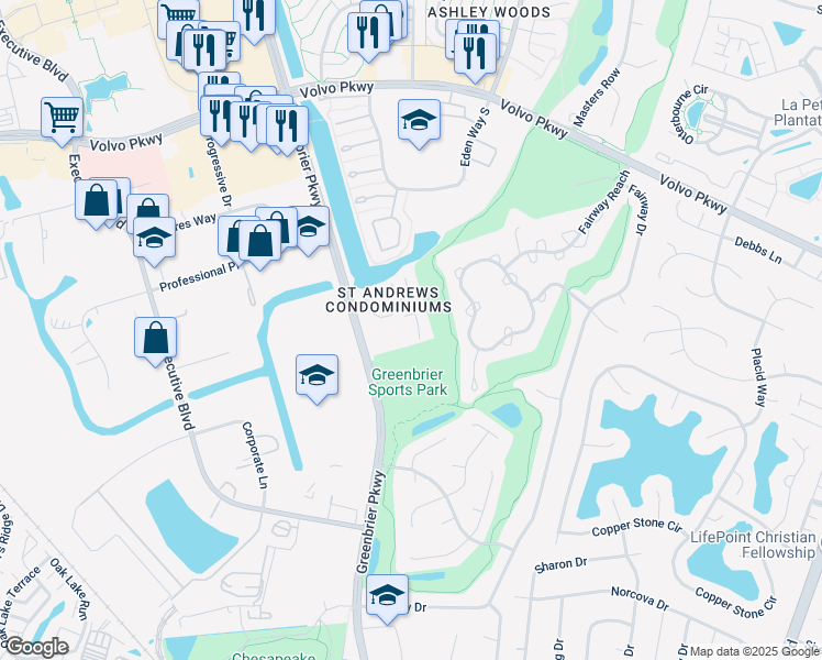 map of restaurants, bars, coffee shops, grocery stores, and more near 1004 Saint Andrews Way in Chesapeake