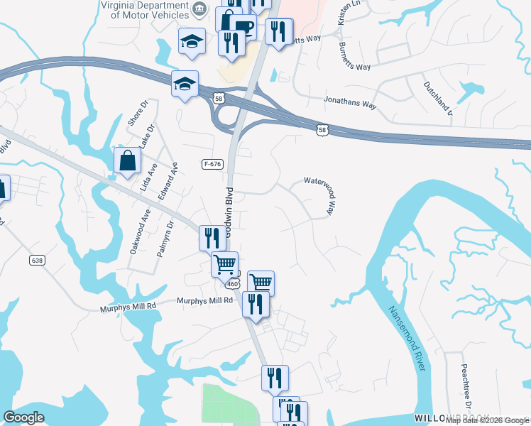 map of restaurants, bars, coffee shops, grocery stores, and more near 209 Misty Ridge Lane in Suffolk