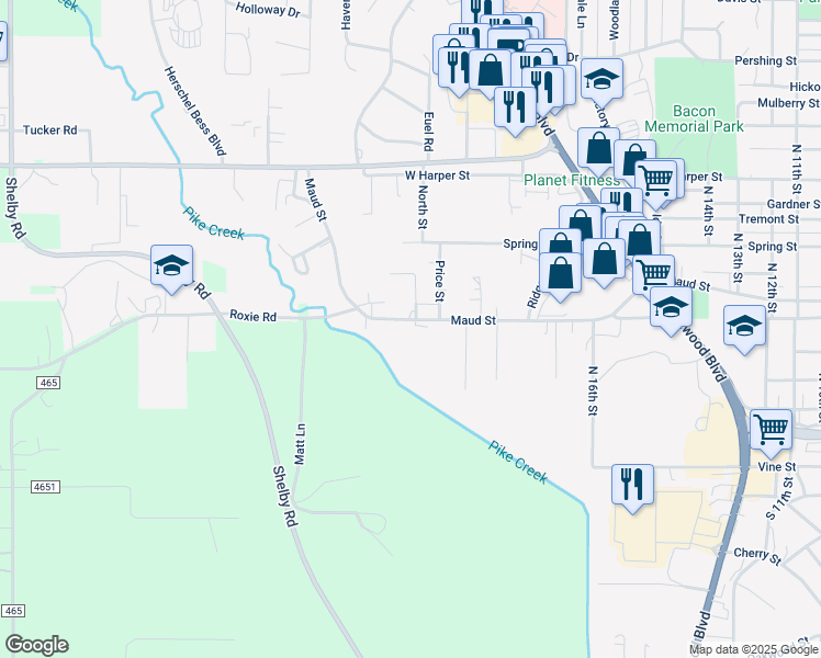 map of restaurants, bars, coffee shops, grocery stores, and more near 1844 Maud Street in Poplar Bluff