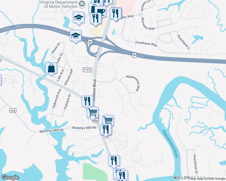 map of restaurants, bars, coffee shops, grocery stores, and more near 209 Misty Ridge Lane in Suffolk