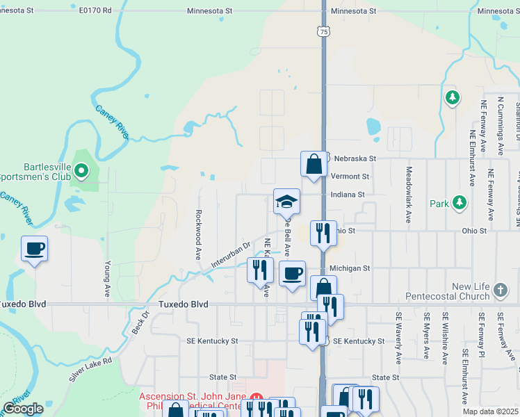 map of restaurants, bars, coffee shops, grocery stores, and more near 3321 Indiana Street in Bartlesville