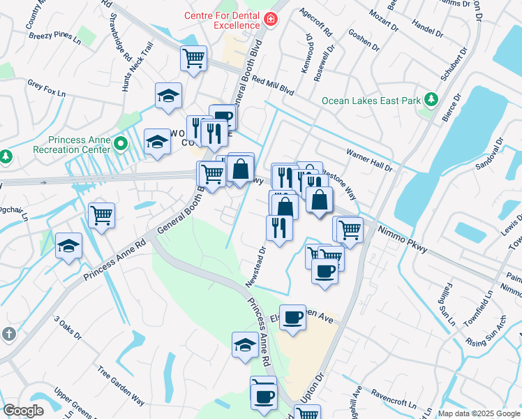 map of restaurants, bars, coffee shops, grocery stores, and more near 1304 Glen Burnie Court in Virginia Beach