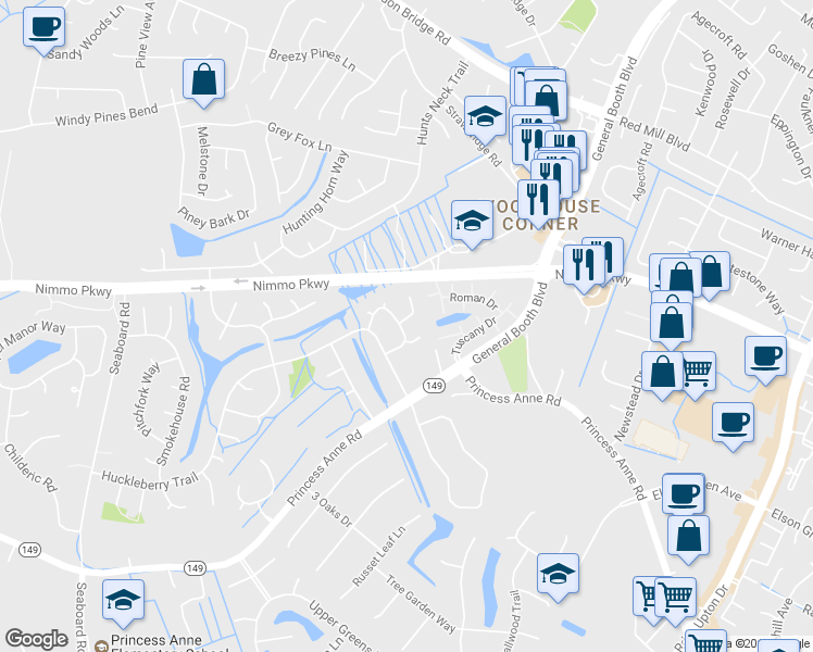 map of restaurants, bars, coffee shops, grocery stores, and more near 2212 Grapevine Circle in Virginia Beach