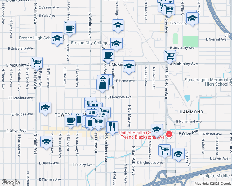 map of restaurants, bars, coffee shops, grocery stores, and more near 1432 North College Avenue in Fresno