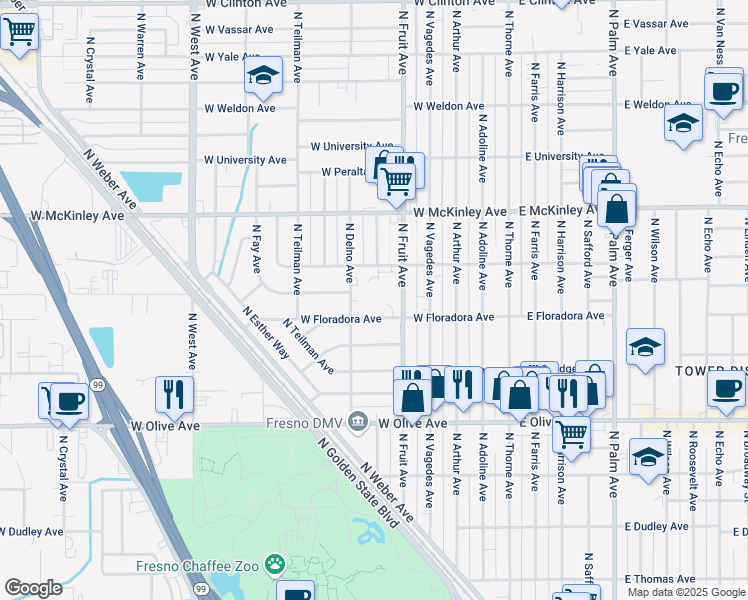 map of restaurants, bars, coffee shops, grocery stores, and more near 530 West Floradora Avenue in Fresno