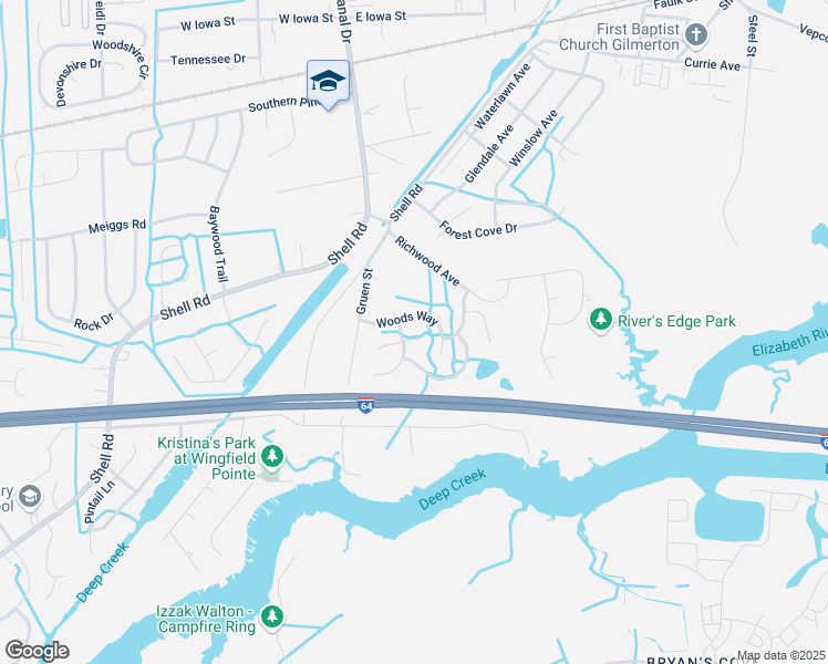 map of restaurants, bars, coffee shops, grocery stores, and more near 1219 Woods Way in Chesapeake