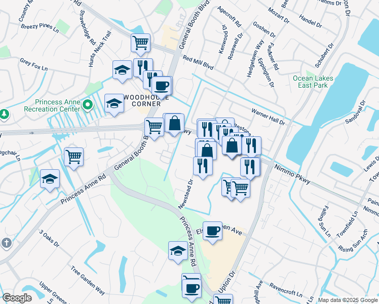 map of restaurants, bars, coffee shops, grocery stores, and more near 1304 Glen Burnie Court in Virginia Beach