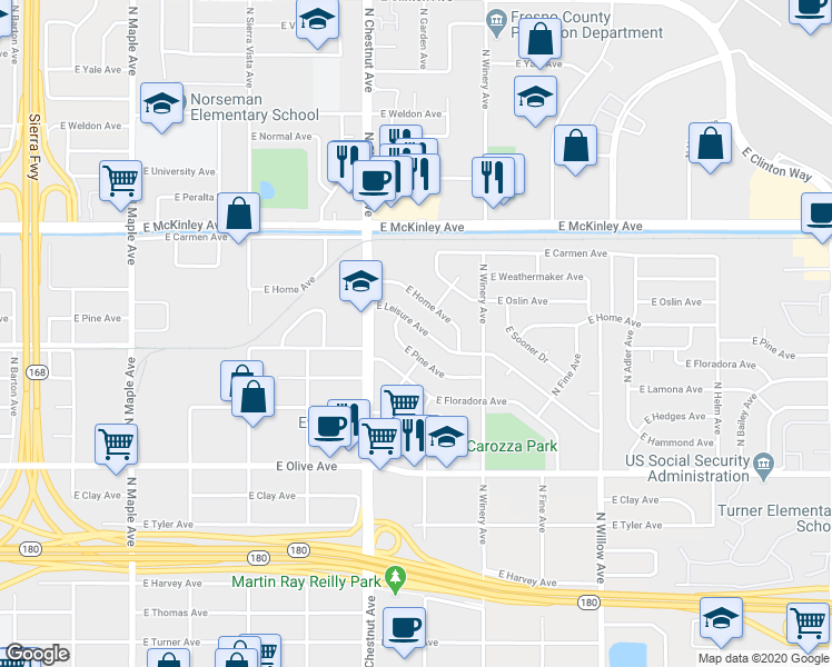map of restaurants, bars, coffee shops, grocery stores, and more near 4844 East Leisure Avenue in Fresno