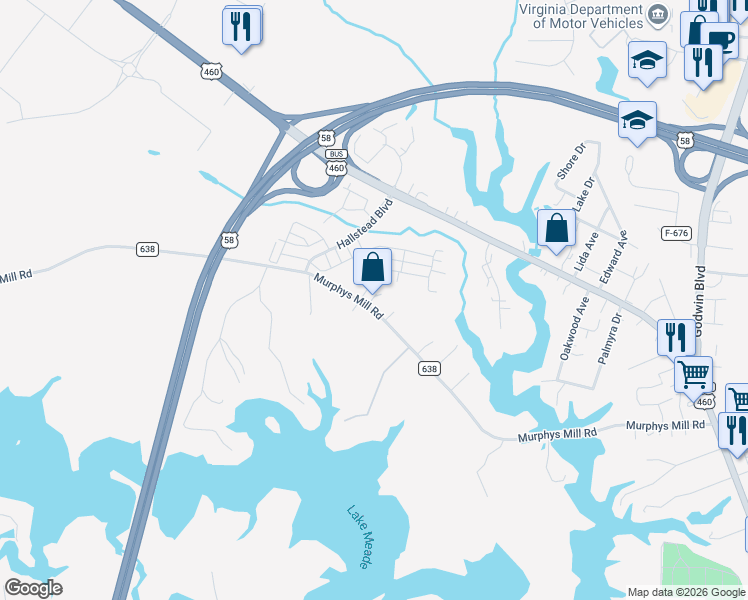 map of restaurants, bars, coffee shops, grocery stores, and more near 604 Murphys Mill Road in Suffolk