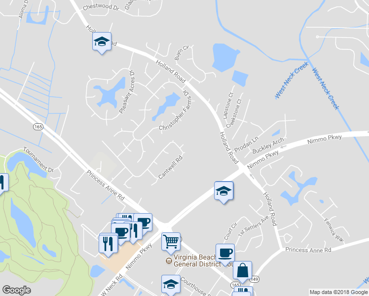 map of restaurants, bars, coffee shops, grocery stores, and more near 2596 Cantwell Road in Virginia Beach
