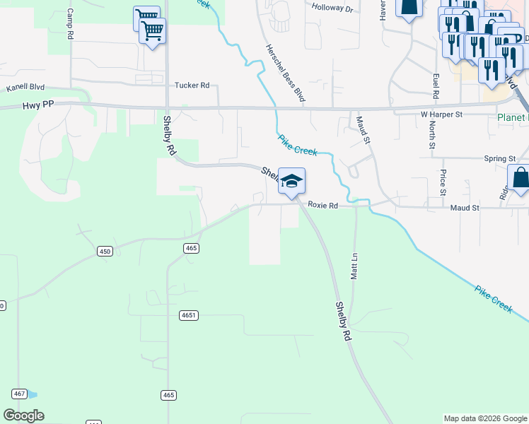 map of restaurants, bars, coffee shops, grocery stores, and more near 2504 Roxie Road in Poplar Bluff