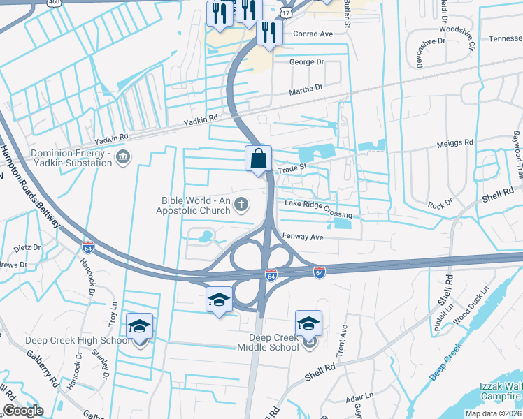 map of restaurants, bars, coffee shops, grocery stores, and more near 604 Happy Acres Road in Chesapeake
