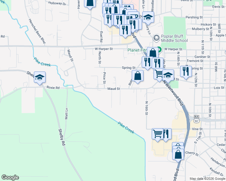 map of restaurants, bars, coffee shops, grocery stores, and more near 1816 Maud Street in Poplar Bluff