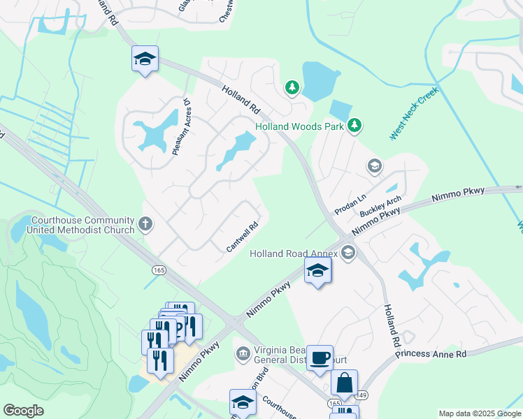 map of restaurants, bars, coffee shops, grocery stores, and more near 2596 Cantwell Road in Virginia Beach