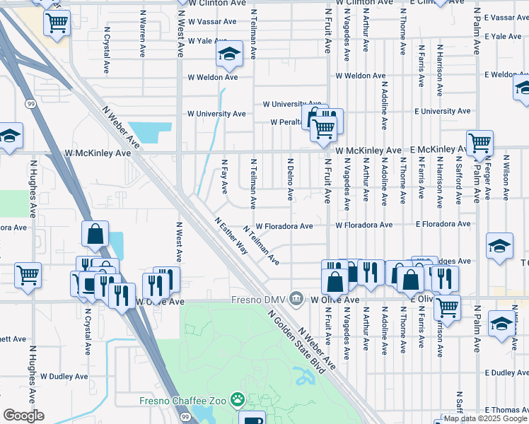 map of restaurants, bars, coffee shops, grocery stores, and more near 825 West Pine Avenue in Fresno