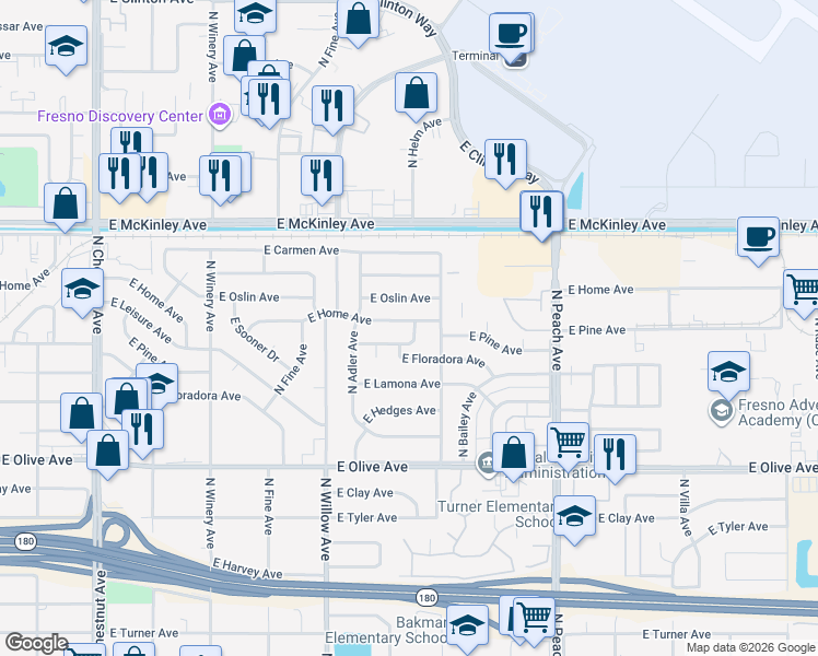map of restaurants, bars, coffee shops, grocery stores, and more near 5072 E Home Ave in Fresno