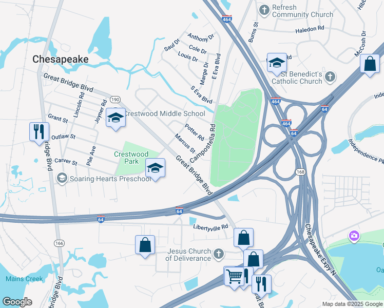 map of restaurants, bars, coffee shops, grocery stores, and more near 727 Marcus Street in Chesapeake