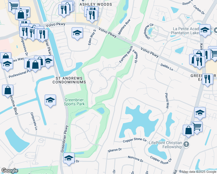 map of restaurants, bars, coffee shops, grocery stores, and more near 1051 Shoal Creek Trail in Chesapeake