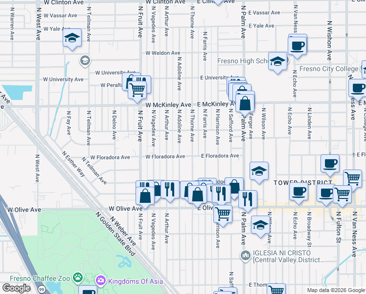 map of restaurants, bars, coffee shops, grocery stores, and more near 1436 North Adoline Avenue in Fresno