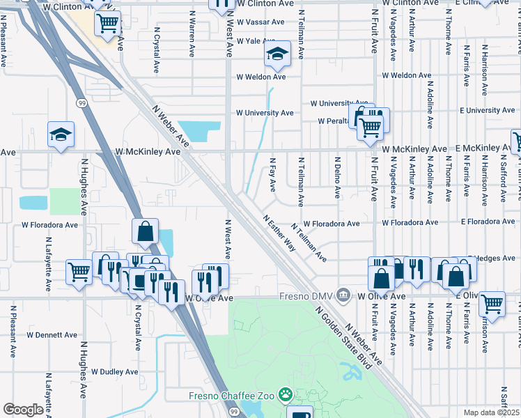 map of restaurants, bars, coffee shops, grocery stores, and more near 1440 North Esther Way in Fresno